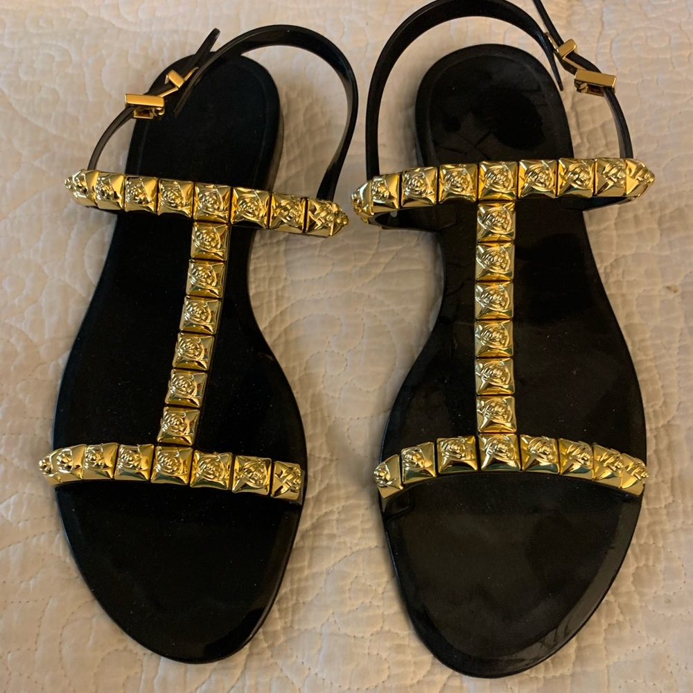 Stuart Weitzman rubber sandals with Gold rose studs